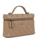Chanel Top Handle Long Vanity Case with Chain Dark Beige Shiny Caviar Light Gold Hardware