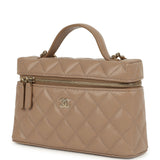 Chanel Top Handle Long Vanity Case with Chain Dark Beige Shiny Caviar Light Gold Hardware