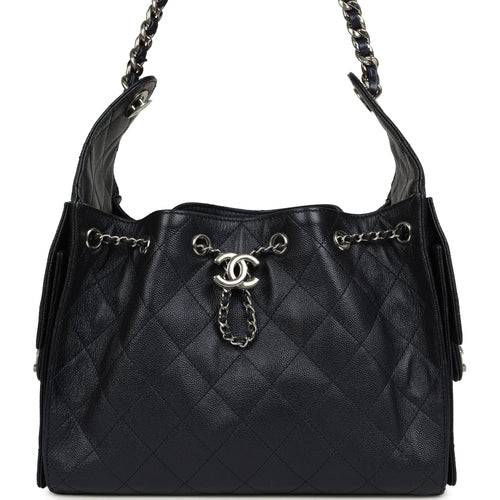 Chanel Small 25 Hobo Bag Dark Blue Metallic Caviar Silver Hardware