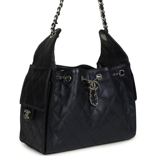 Chanel Small 25 Hobo Bag Dark Blue Metallic Caviar Silver Hardware