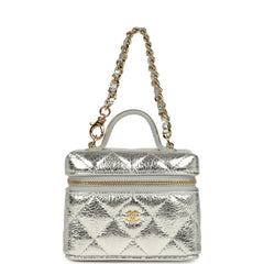 Chanel Micro Top Handle Vanity Case Bag Charm Metallic Silver Aged Calfskin Gold Hardware