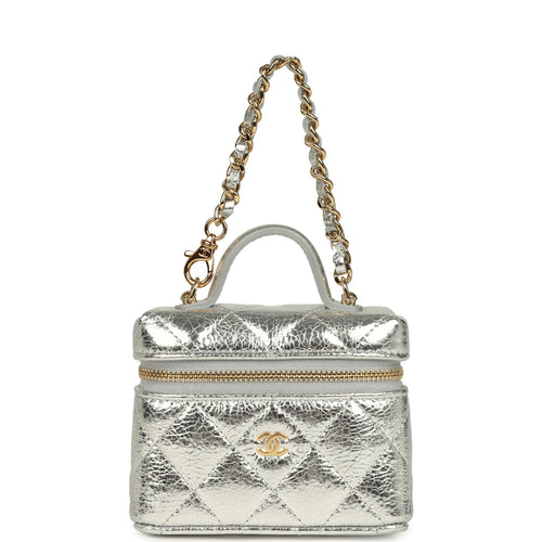 Chanel Micro Top Handle Vanity Case Bag Charm Metallic Silver Aged Calfskin Gold Hardware