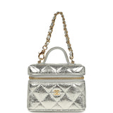 Chanel Micro Top Handle Vanity Case Bag Charm Metallic Silver Aged Calfskin Gold Hardware