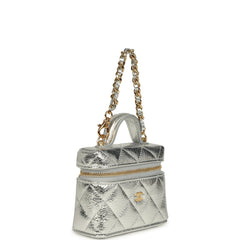 Chanel Micro Top Handle Vanity Case Bag Charm Metallic Silver Aged Calfskin Gold Hardware
