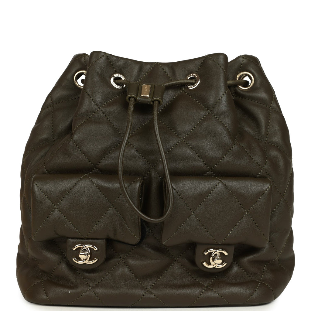 chanel mini backpack new Chanel Mini Duma Drawstring Backpack Khaki Lambskin Light Gold Hardware