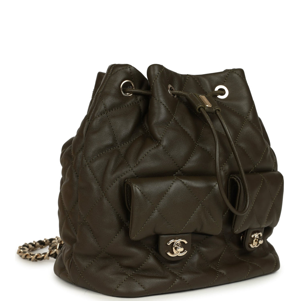 chanel vintage mini backpack Chanel Mini Duma Drawstring Backpack Khaki Lambskin Light Gold Hardware