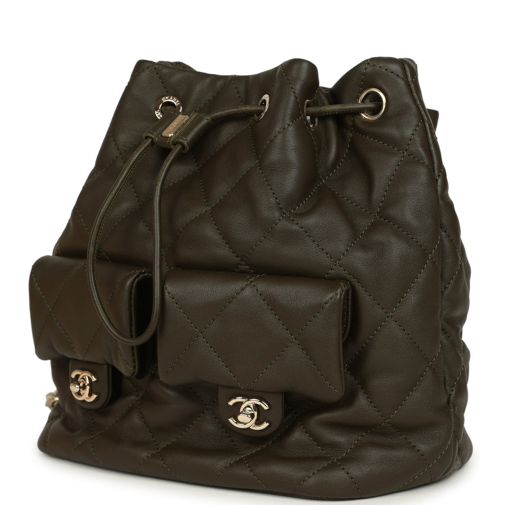 Chanel Mini Duma Drawstring Backpack Khaki Lambskin Light Gold Hardware – New & Authentic
