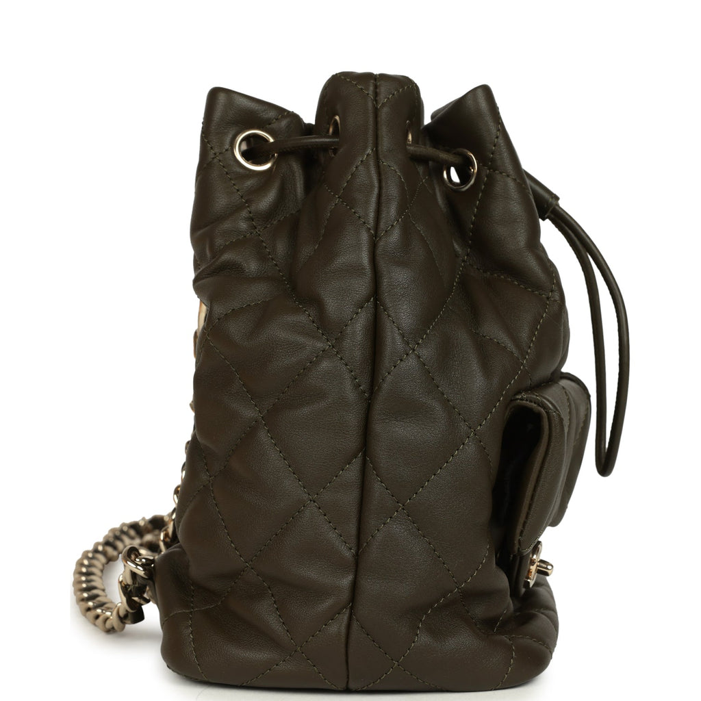 chanel vintage leather quilted backpack Chanel Mini Duma Drawstring Backpack Khaki Lambskin Light Gold Hardware – New & Authentic