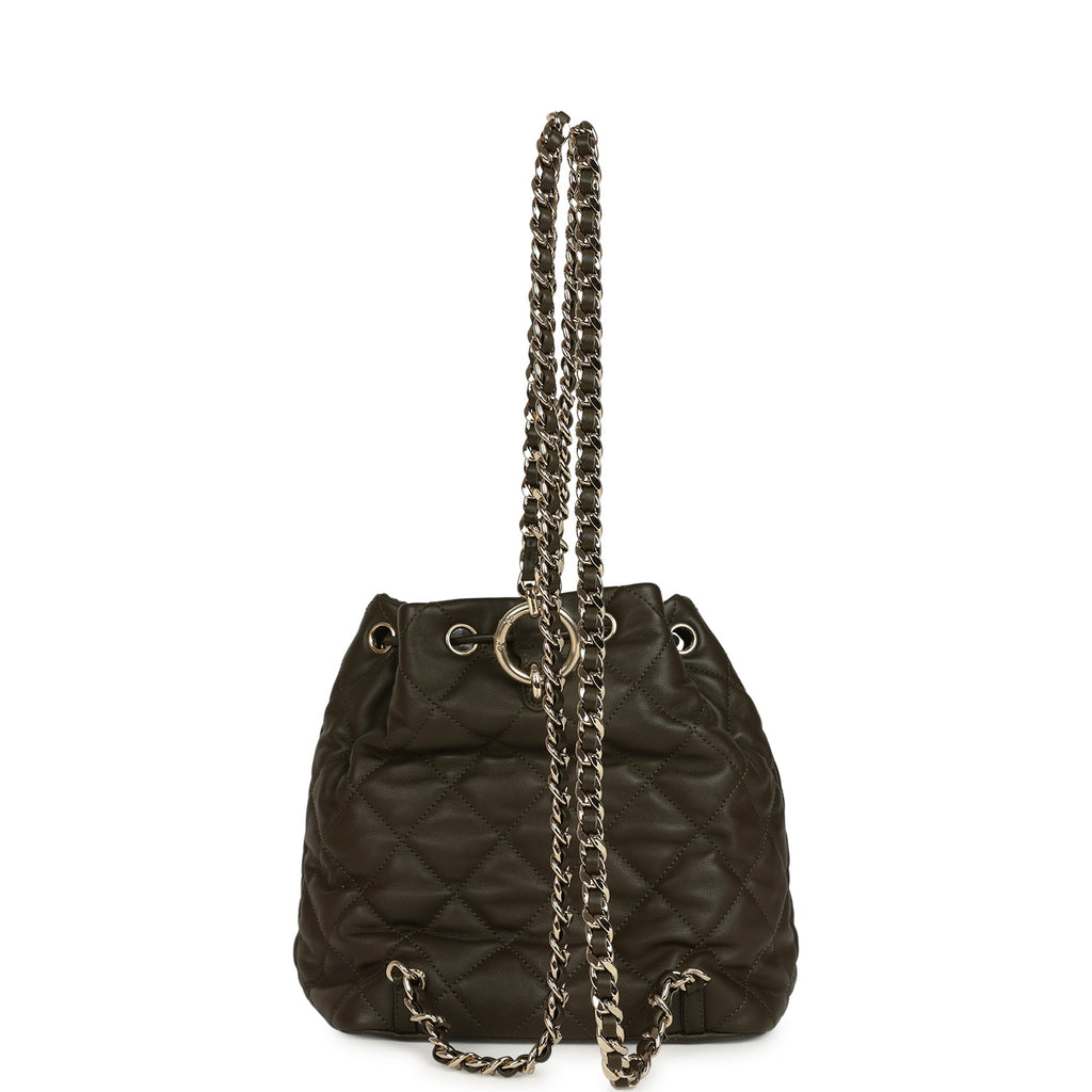 Chanel Mini Duma Drawstring Backpack Khaki Lambskin Light Gold Hardware – New & Authentic
