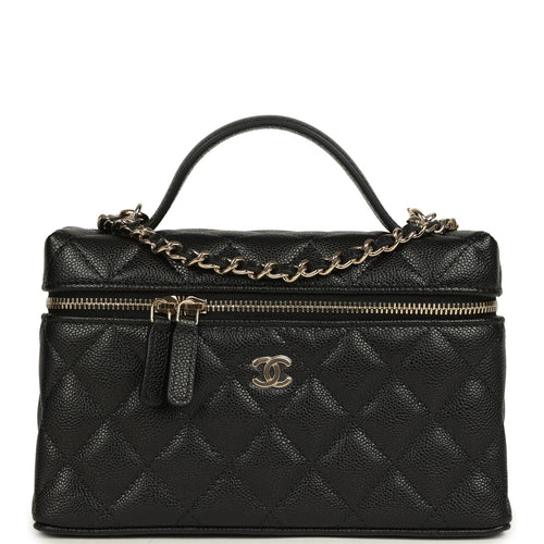 Chanel Top Handle Long Vanity Case with Chain Black Caviar Light Gold Hardware