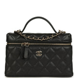 Chanel Top Handle Long Vanity Case with Chain Black Caviar Light Gold Hardware