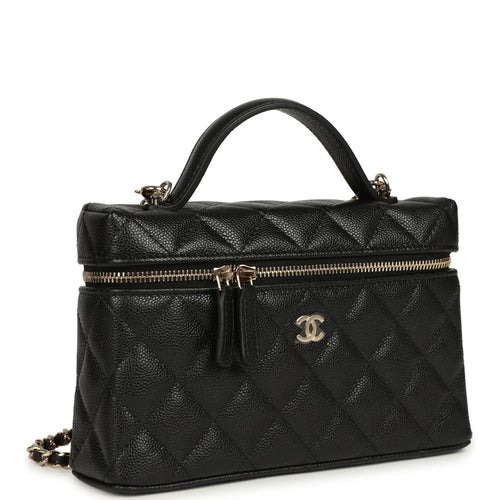 Chanel Top Handle Long Vanity Case with Chain Black Caviar Light Gold Hardware