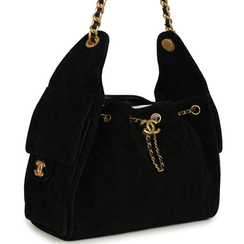 Chanel Small 25 Hobo Bag Black Suede Antique Gold Hardware