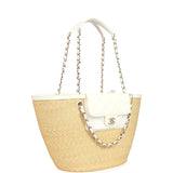 Chanel Large Shopping Tote Bag Beige Raffia and White Lambskin Light Gold Hardware
