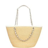 Chanel Large Shopping Tote Bag Beige Raffia and White Lambskin Light Gold Hardware
