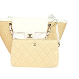Chanel Large Shopping Tote Bag Beige Raffia and White Lambskin Light Gold Hardware