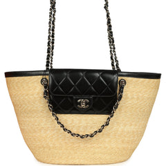 Chanel Large Shopping Tote Bag Beige Raffia and Black Lambskin Light Gold Hardware