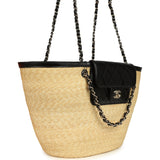 Chanel Large Shopping Tote Bag Beige Raffia and Black Lambskin Light Gold Hardware
