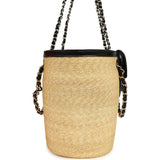 Chanel Large Shopping Tote Bag Beige Raffia and Black Lambskin Light Gold Hardware