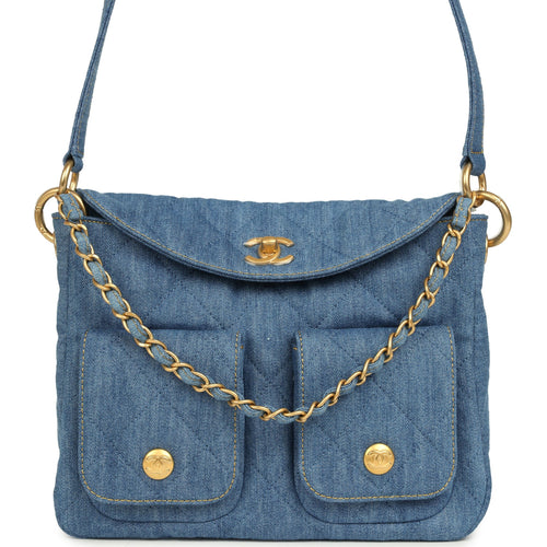 Chanel Small Supple Twins Hobo Bag Light Blue Denim Brushed Gold Hardware