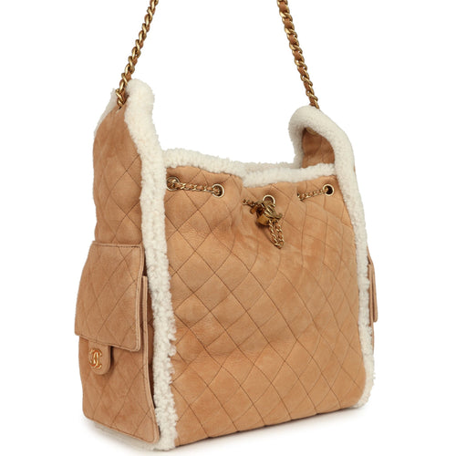 Chanel Medium 25 Hobo Bag Beige Suede and White Shearling Antique Gold Hardware