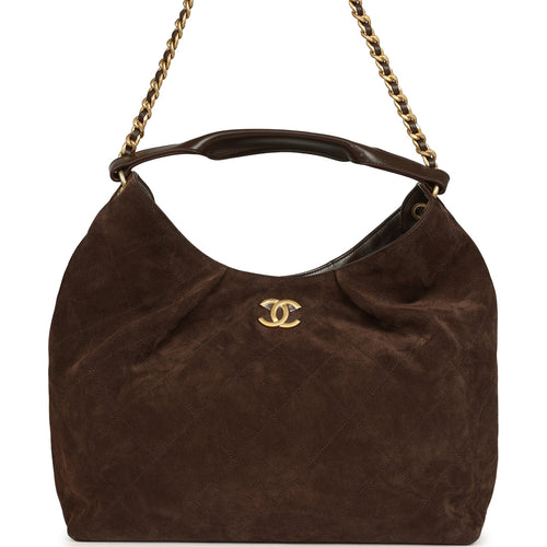 Chanel Maxi Hobo Bag Dark Brown Suede Antique Gold Hardware