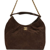 Chanel Maxi Hobo Bag Dark Brown Suede Antique Gold Hardware