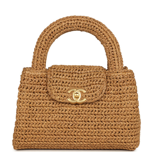 Chanel Small Kelly Dark Beige Raffia Brushed Gold Hardware