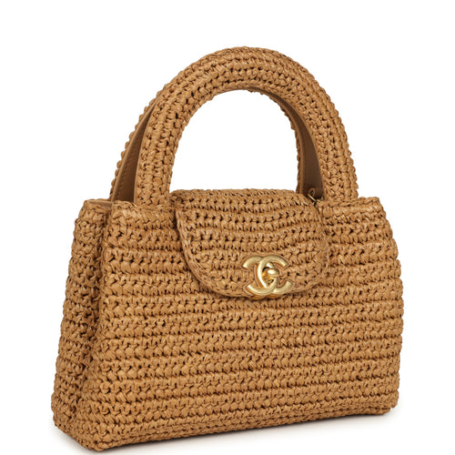 Chanel Small Kelly Dark Beige Raffia Brushed Gold Hardware