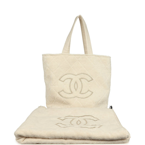 Chanel CC Beach Hobo Bag & Towel Set Ecru Terry Silver and Black Hardware