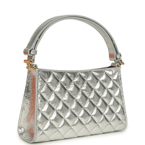 Chanel Small Quilted CC Shoulder Bag Metallic Silver Aged Calfskin Gold Hardware
