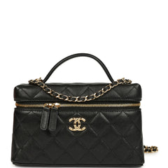 Chanel Top Handle Long Vanity Case with Chain Black Shiny Caviar Gold Hardware