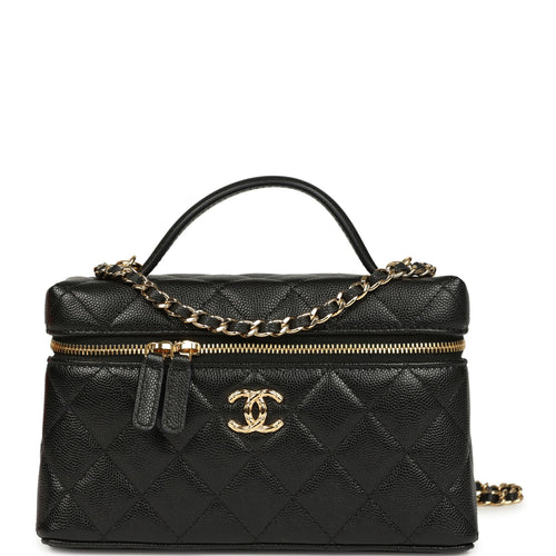 Chanel Top Handle Long Vanity Case with Chain Black Shiny Caviar Gold Hardware