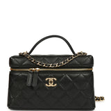 Chanel Top Handle Long Vanity Case with Chain Black Shiny Caviar Gold Hardware