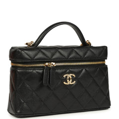 Chanel Top Handle Long Vanity Case with Chain Black Shiny Caviar Gold Hardware