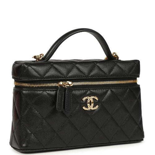 Chanel Top Handle Long Vanity Case with Chain Black Shiny Caviar Gold Hardware