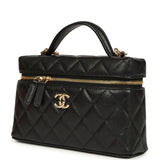 Chanel Top Handle Long Vanity Case with Chain Black Shiny Caviar Gold Hardware