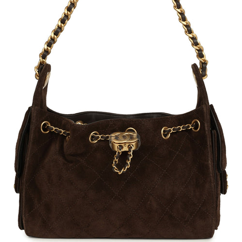 Chanel Mini 25 Hobo Bag Dark Brown Suede Antique Gold Hardware