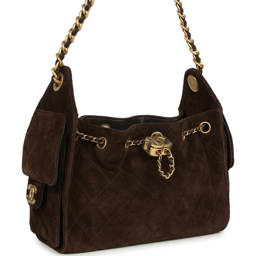 Chanel Mini 25 Hobo Bag Dark Brown Suede Antique Gold Hardware