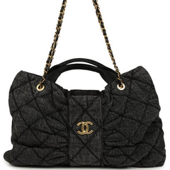 Chanel Maxi Bow Bag Black Washed Denim Antique Gold Hardware