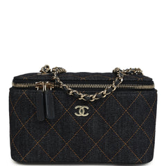 Chanel Small Classic Vanity Case Dark Blue Denim Light Gold Hardware