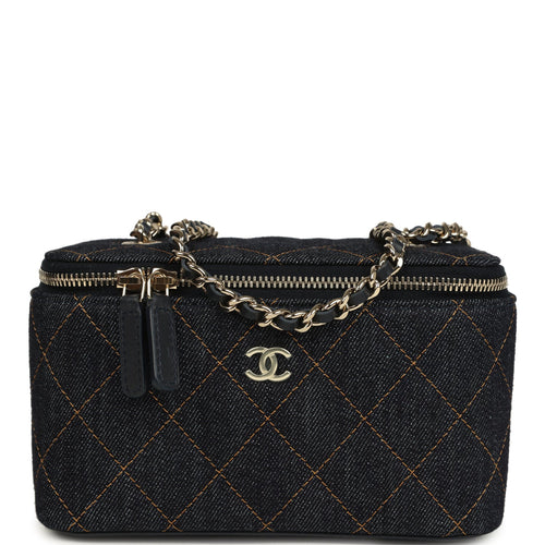 Chanel Small Classic Vanity Case Dark Blue Denim Light Gold Hardware