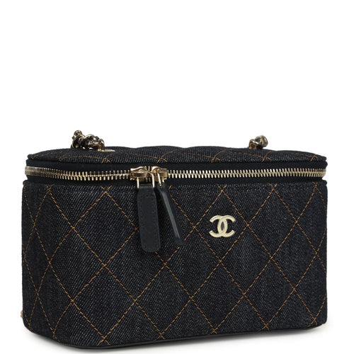 Chanel Small Classic Vanity Case Dark Blue Denim Light Gold Hardware