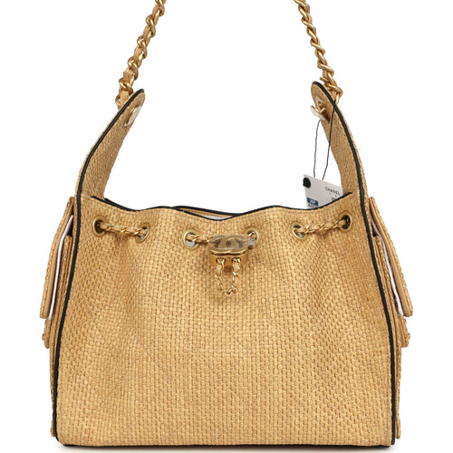Chanel Small 25 Hobo Bag Beige Raffia and Black Calfskin Antique Gold Hardware