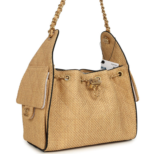 Chanel Small 25 Hobo Bag Beige Raffia and Black Calfskin Antique Gold Hardware