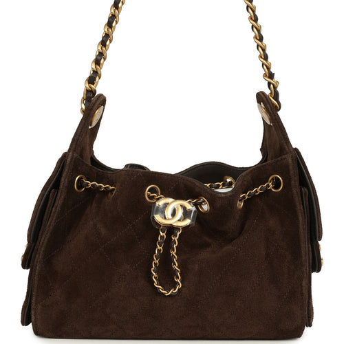 Chanel Mini 25 Hobo Bag Dark Brown Suede Antique Gold Hardware