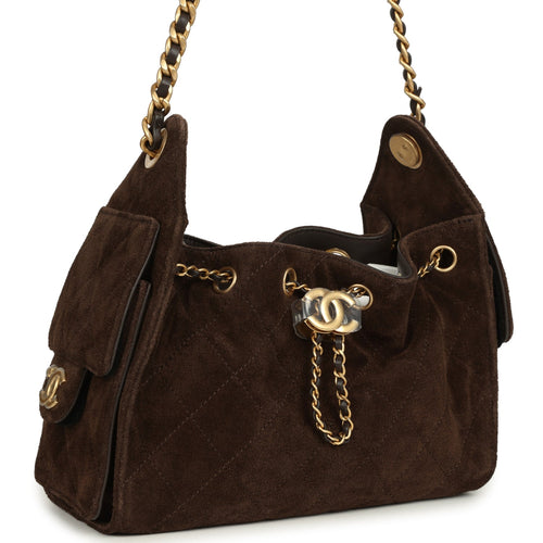 Chanel Mini 25 Hobo Bag Dark Brown Suede Antique Gold Hardware