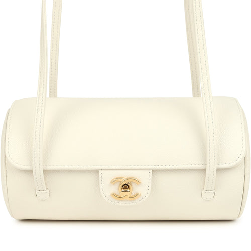 Chanel Preppy Coco Bowling Bag White Shiny Caviar Brushed Gold Hardware