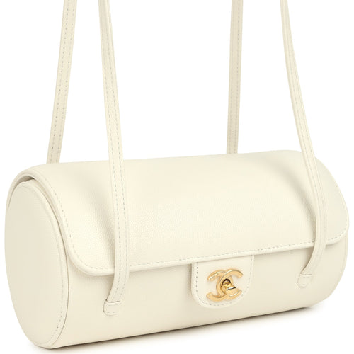 Chanel Preppy Coco Bowling Bag White Shiny Caviar Brushed Gold Hardware