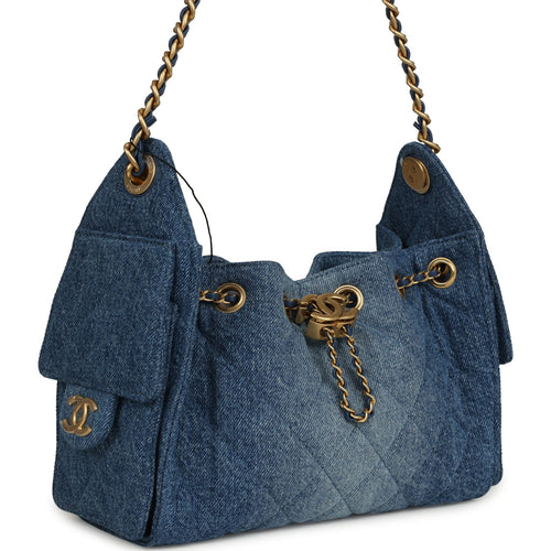 Chanel Mini 25 Hobo Bag Blue Washed Denim Antique Gold Hardware